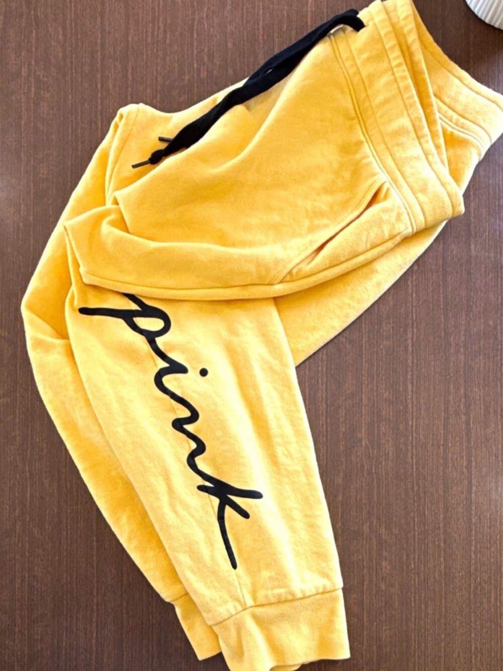 PINK Women's Yellow Fleece Jogger Pants Drawstring Pockets Logo Size L